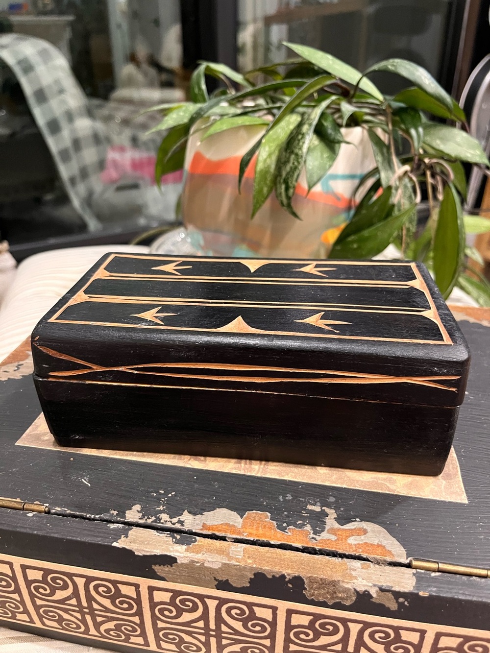 Black Decorative Wooden Box with Inlaid Design